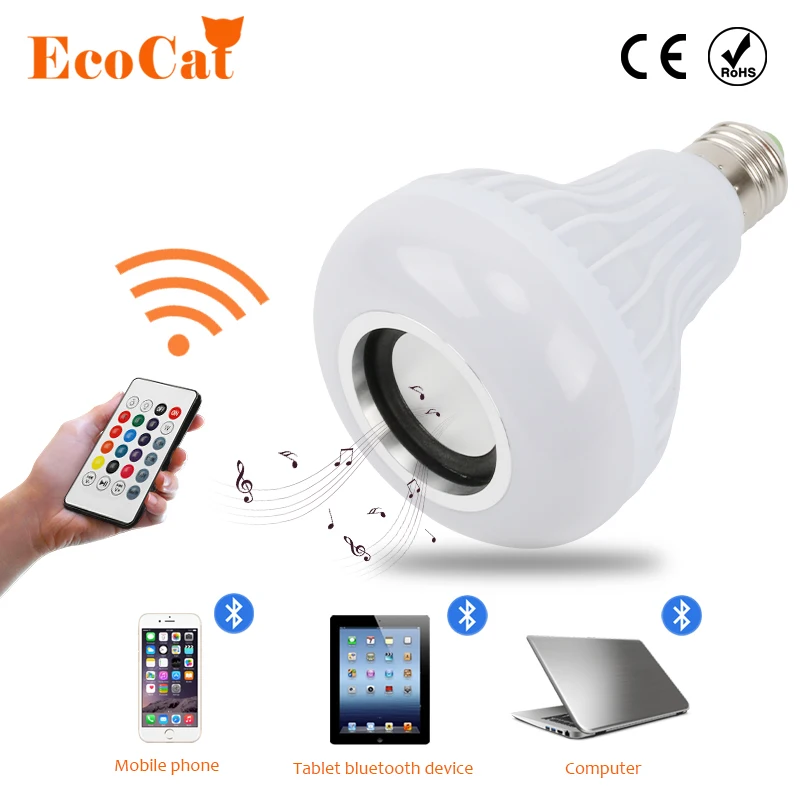 E27 светодиодный RGB Bluetooth динамик лампочка беспроводной 12 Вт Мощный музыкальный светильник