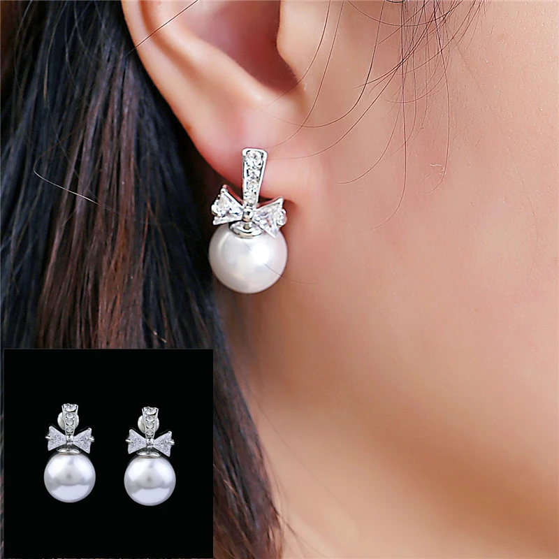

Hot Cubic earring Jewelry Wedding Ear Silver Round Pearl Beads post earring Crystal Bow Rhinestone Stud Earrings for Women Girls