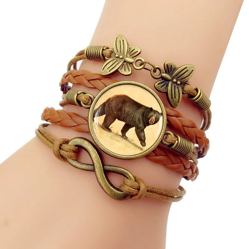 Handmade Leather bracelet Glass convex combination Bear Vintage Jewelry Multilayer Infinity bracelets birthday gift | Украшения и