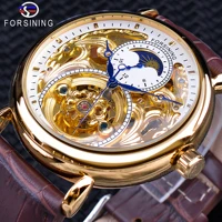 forsining luxury white gold display brown leather moonphase fashion blue hand skeleton waterproof men automatic mechanical watch