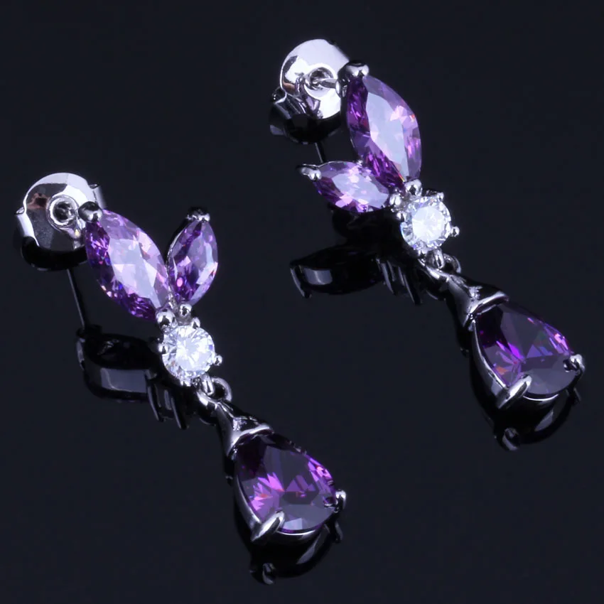 

Trendy Water Drop Purple Cubic Zirconia White CZ Silver Plated Drop Dangle Earrings V0737
