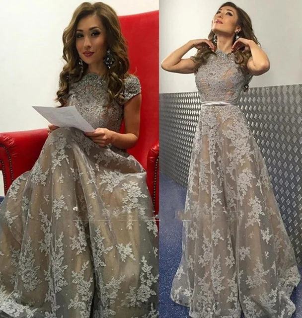 Мода Серый С Коротким Рукавом Кружева-line Пром Платья Высокая Шея Вечернее Платье