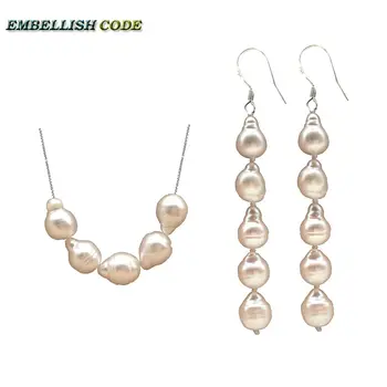 Special small baroque pearl pendant necklace hook earring set tissue nucleated flameball white natural screw thread pearls Lady