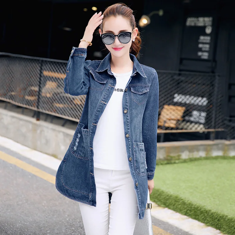 

New Korean version of Slim denim jacket women jacket and long sections lapel long-sleeved denim clothing tide