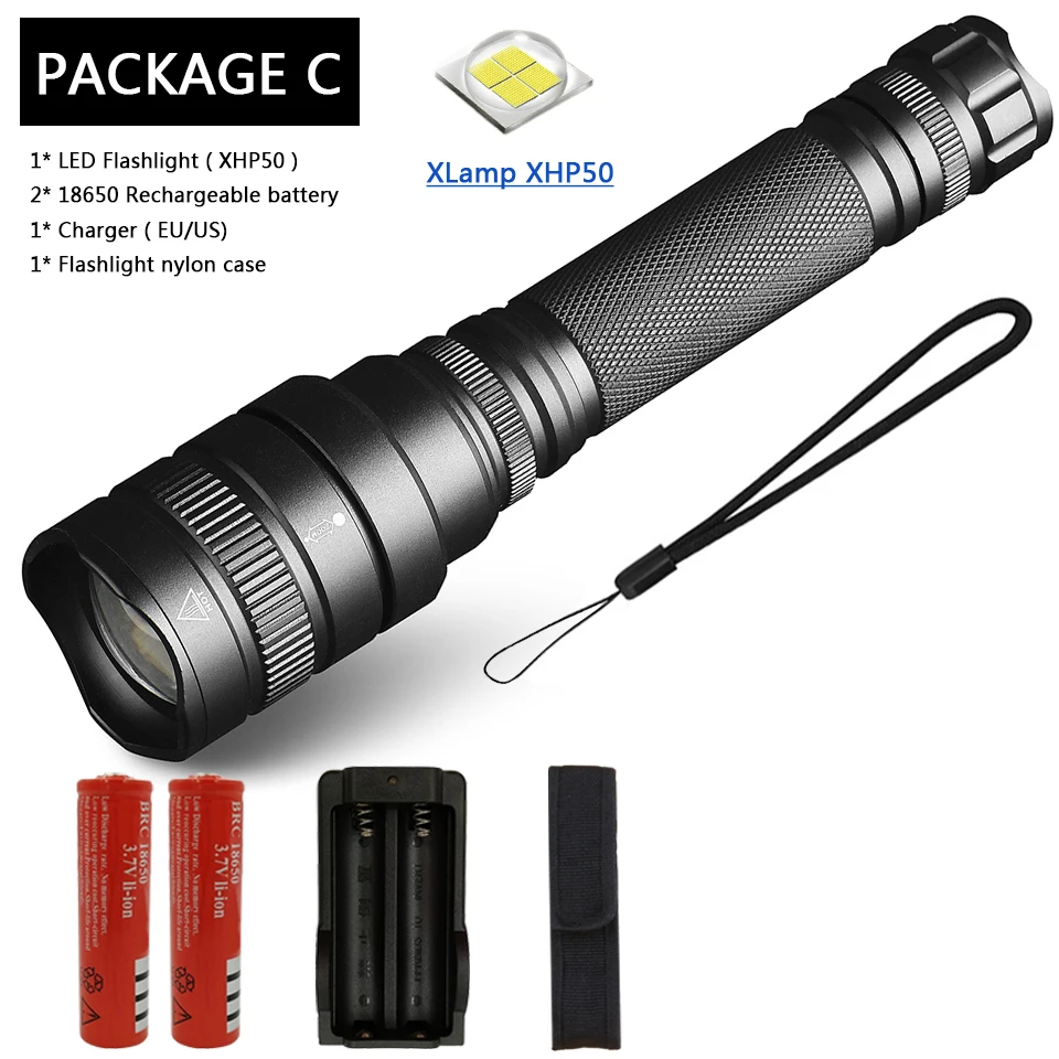 Package C CREE XLamp XHP70.2 XHP50 50000LM мощный светодиодный светильник-вспышка ультра яркий фонарь светильник 5 режимов переключения масштабируемый светильник 18650 батарея - Испускаемый цвет: Package C