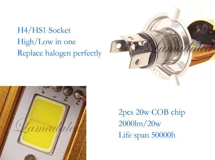 Plug and play H4 20W 2000LM 6500k 8 V-80 V COB Высокий/Низкий Луч светодиодный головной фонарь для мотоцикла HS1