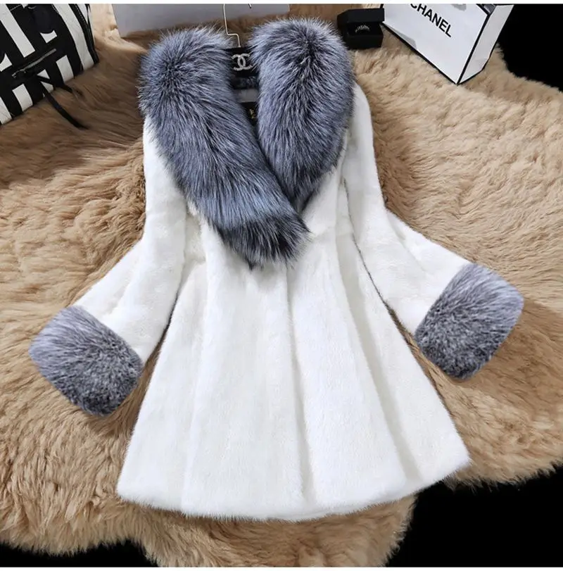 Misshow элегантный Искусственный мех Куртки искусственный Silver Fox меховой воротник