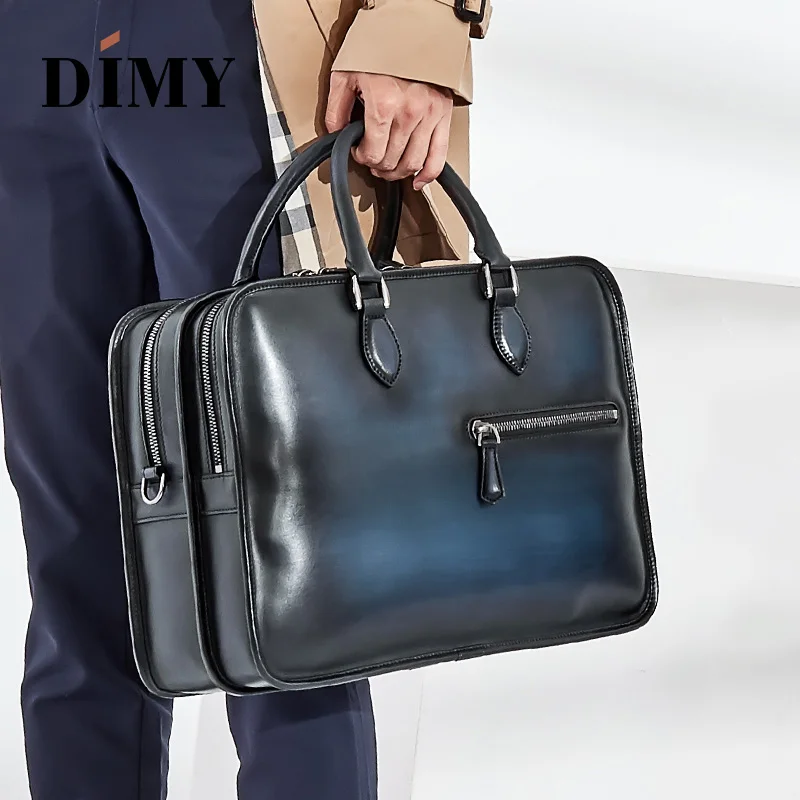 Портфель DIMY мужской из телячьей кожи сумка-мессенджер на двойной молнии патина в