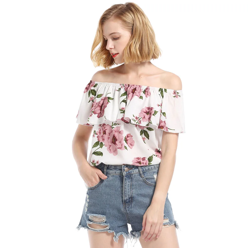 

2019 Summer Sexy Slash Neck Chiffon Blouse Floral Print Ruffles Blouse Tops Female Casual Elegant Office Lady Shirt White Shirts