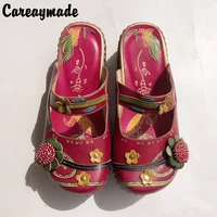 careaymade new springsummergenuine cowhide thick bottom muffin flat slipperswomen ethnic style candy color slippers958 2