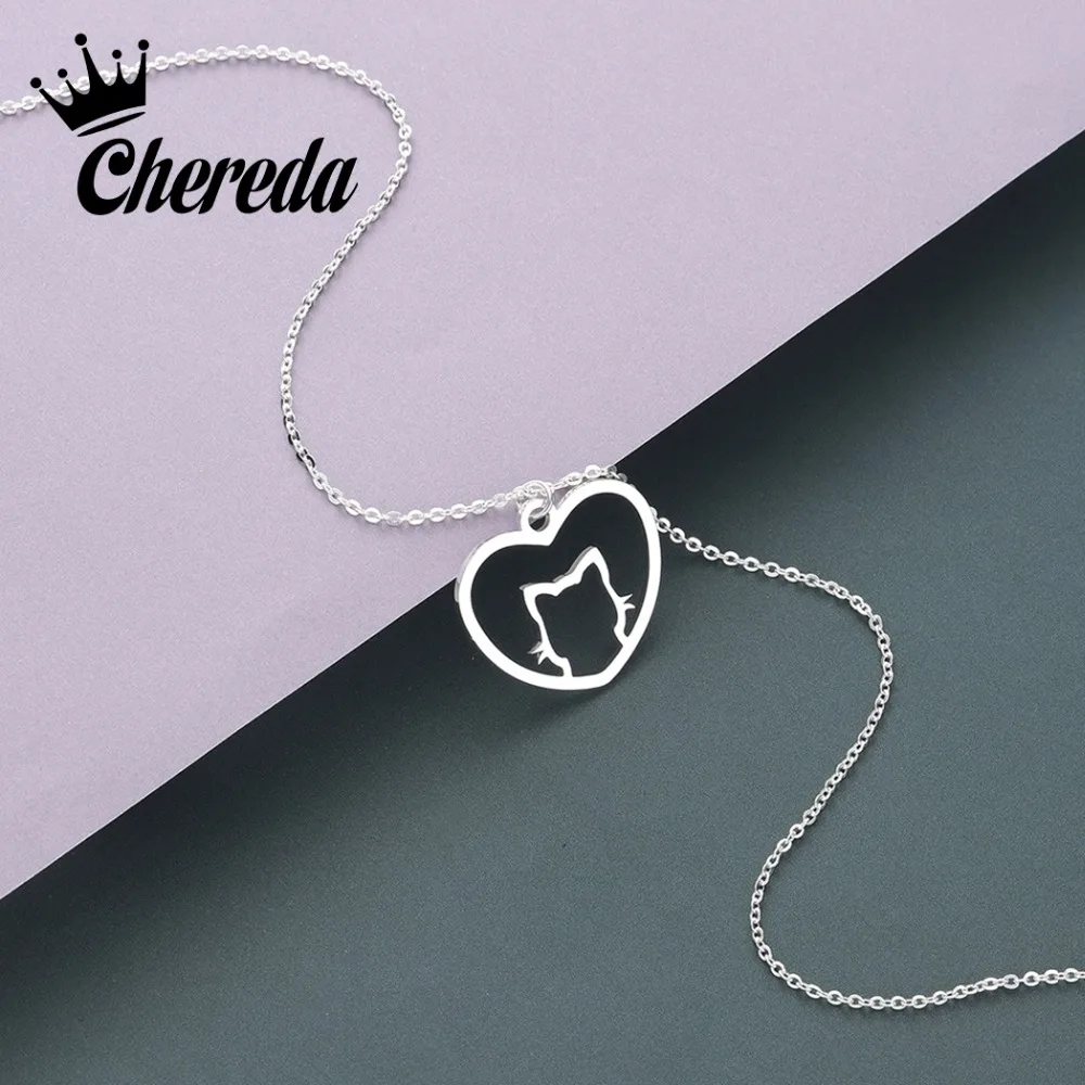 Chereda Stainless Steel Necklace for Women Man Lover's Hollow Heart Cute Cat Gold And Silver Color Pendant Jewelry | Украшения и