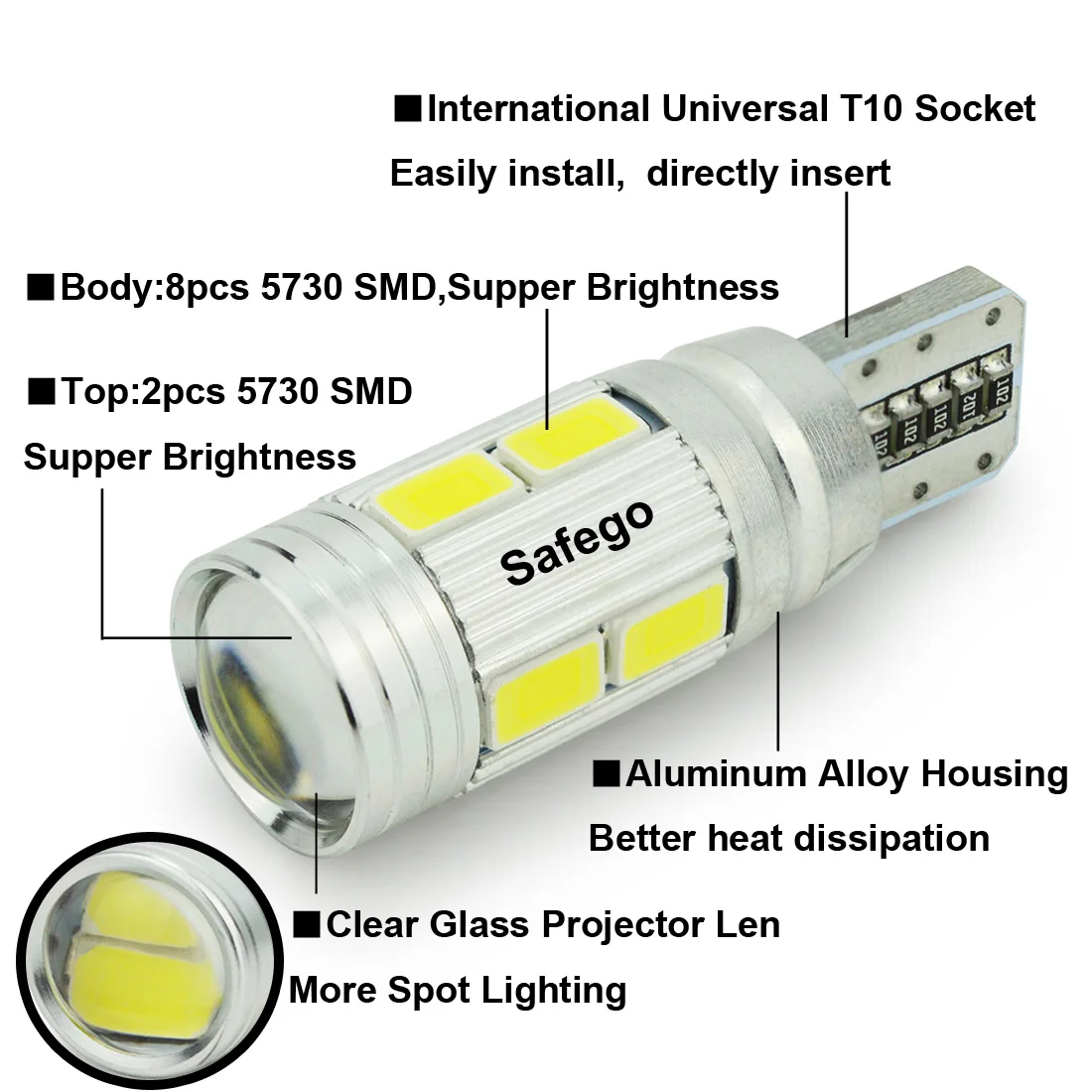 Safego 10x Автомобильные светодиодные лампы T10 W5W Canbus без ошибок 10 smd 5630 194 168 для