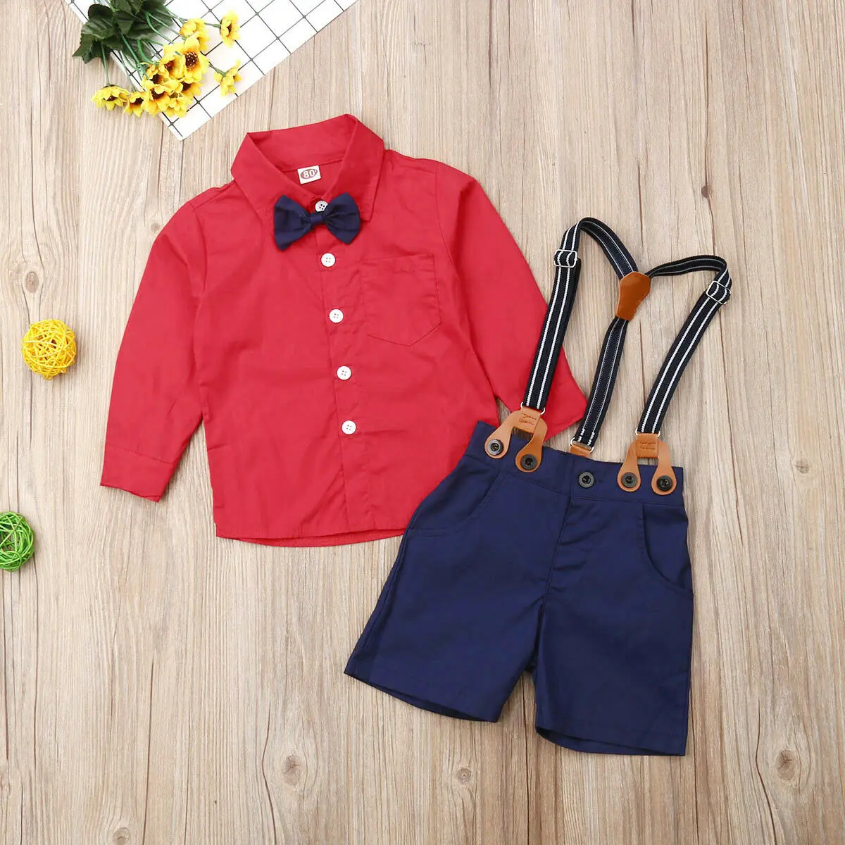 Handsome Kids Boy Suspender Outfit Gentleman Clothes 2 Piece Set Red Bowtie Long Sleeve Shirts +Blue Bib Shorts | Детская одежда и