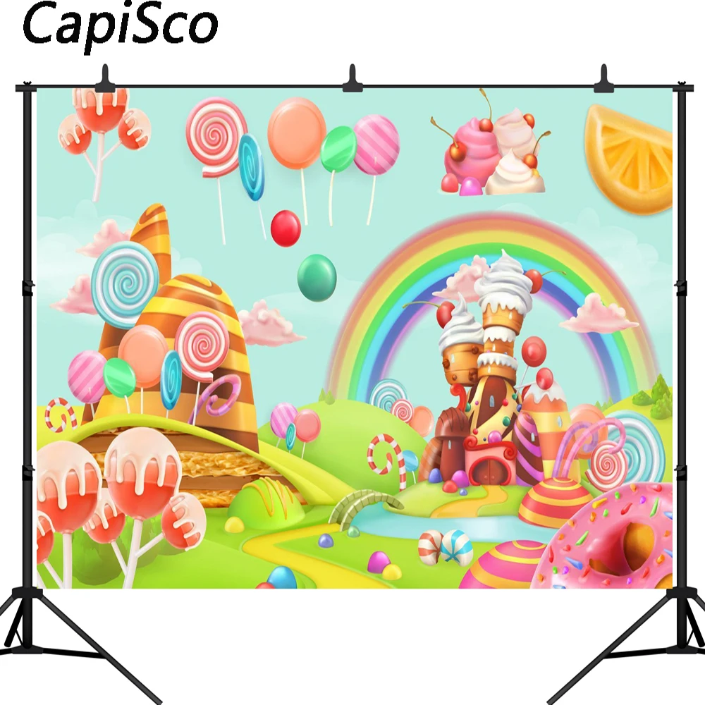 

Capisco Rainbow Clouds Sky Green Garden Candy Land Chocolate House Custom Photo Background Studio Backdrop
