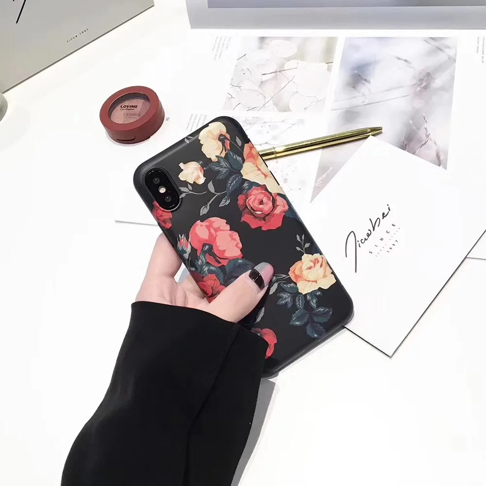 Retro Classical Red Rose Flower Phone Case for iphone6 6s 7 8 plus soft IMD Cover iphoneX |