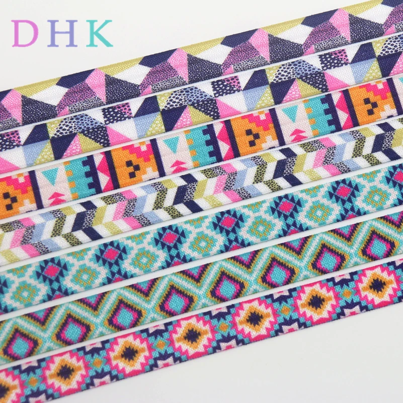 

DHK 5/8'' 50yards tribal plaid printed Fold Elastic FOE stretch ribbon hairbow headwear headband DIY OEM S1065