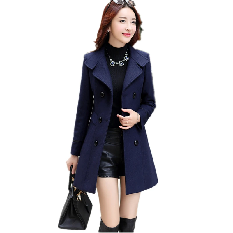 

2018 New Women Autumn Winter Outerwear Wool Blend Warm Long Coat Slim Fit Lapel Woolen Overcoat Cashmere Female Plus Size 1621
