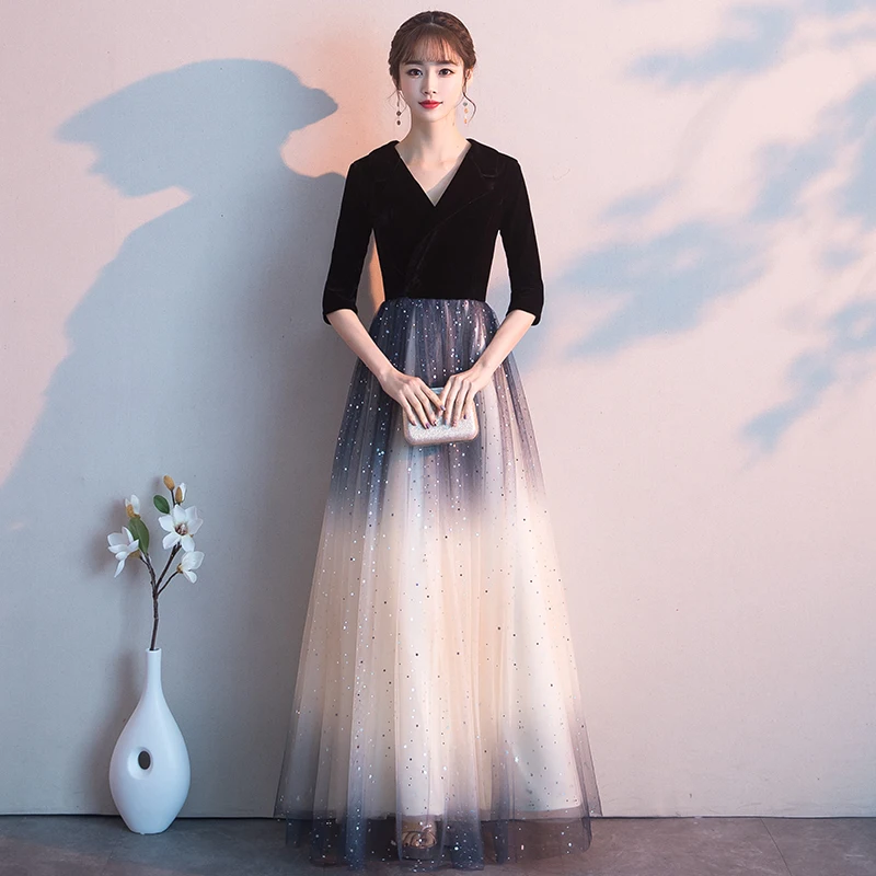 Robe De Soiree Black 2020 Sexy Backless Long Evening Dress The Bride Elegant Banquet Tulle Lace V-neck Formal Party Gown LYFY108 | Свадьбы и