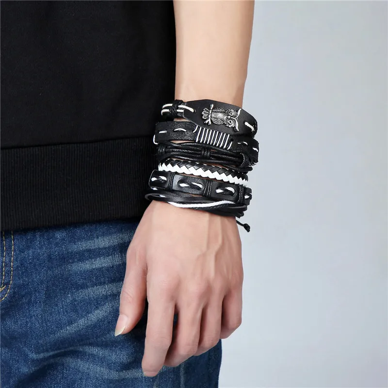 2019 New 6 pcs 1 Set Fashion accessories Owl Bead Leather Bracelets &amp bangles Multilayer Braided Wristband Bracelet Men pulseira |
