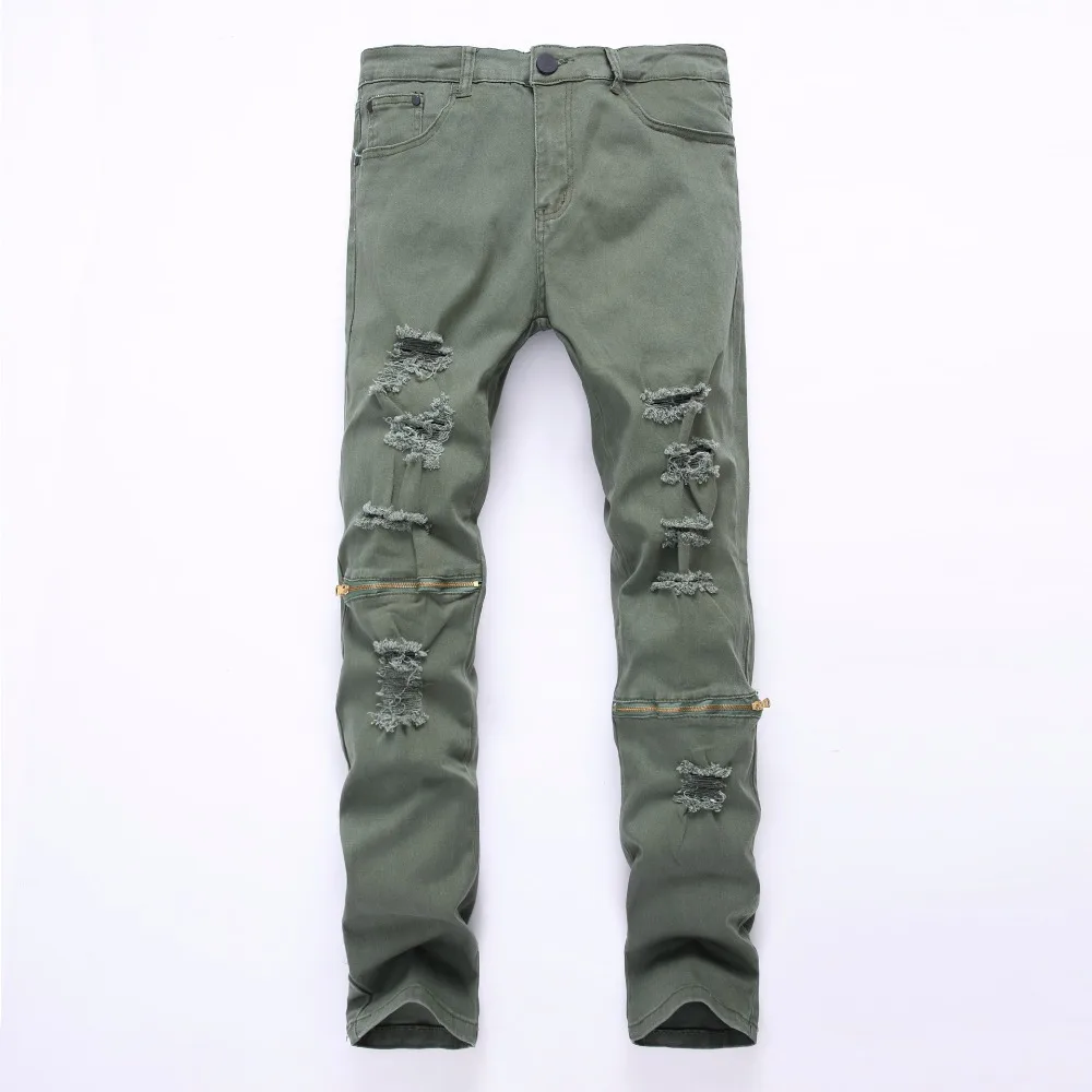 White Ripped Jeans Men Holes Super Skinny Famous Designer Brand Slim Fit Destroyed Jeans Solid Pencil Pants Slim Zipper Jeans
