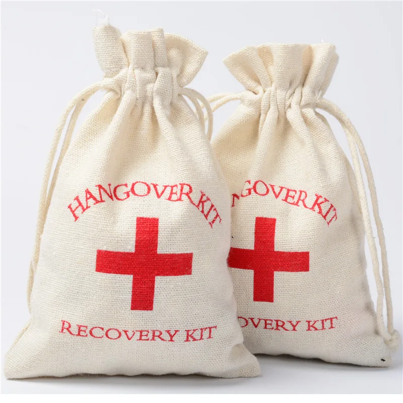 

50pcs Hangover Kit 10x14cm Wedding Favor Holder Bag Red Cross Cotton Linen Gift Bags Recovery Survival Kit Event Party Supplier