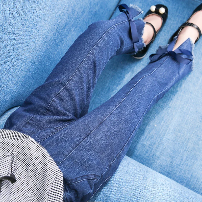 Джинсы для девочек осень 2018 Skinny Flare jeans с лентой лук стрейч джинсы девочек|Джинсы| |