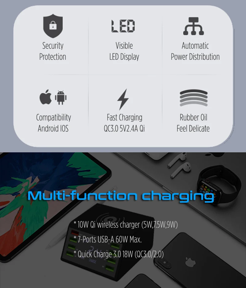 STOD Qi Wireless USB Charger 60W LED Display Quick Charge 3.0 Fast Charging Station For iPhone X Samsung Huawei Nexus Mi Adapter
