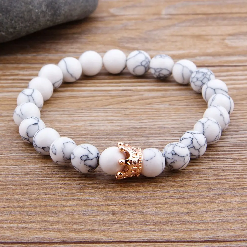 White Howlite XQNI Классический переплетенный шов Лава и матовый оникс Камень с короной аксессуары бусины браслет ручной ювелирные изделия для женщин мужчин - Окраска металла: White Howlite
