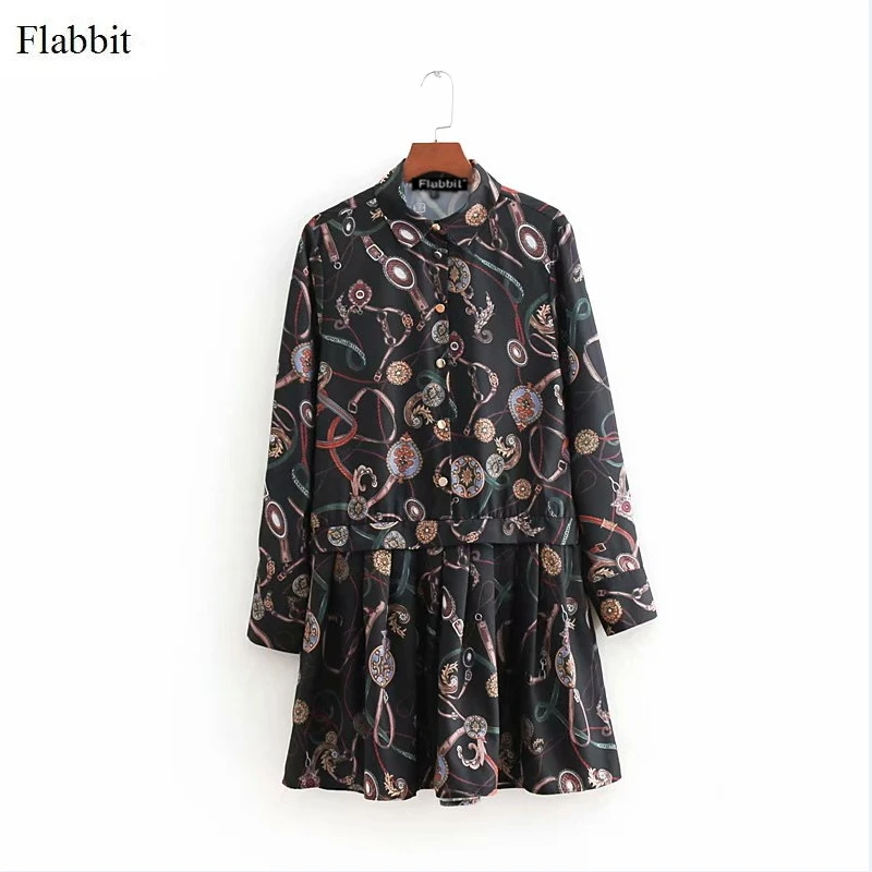 Flabbit women retro chain print shirtwaist hem ruffles dress ladies casual long sleeve stylish femme loose vestidos DS257 | Женская