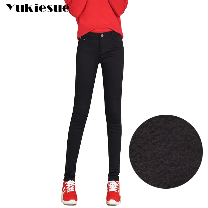 

High waist jeans woman 2022 warm winter fleece thicken pencil pants female skinny candy color long trousers stretch clothe