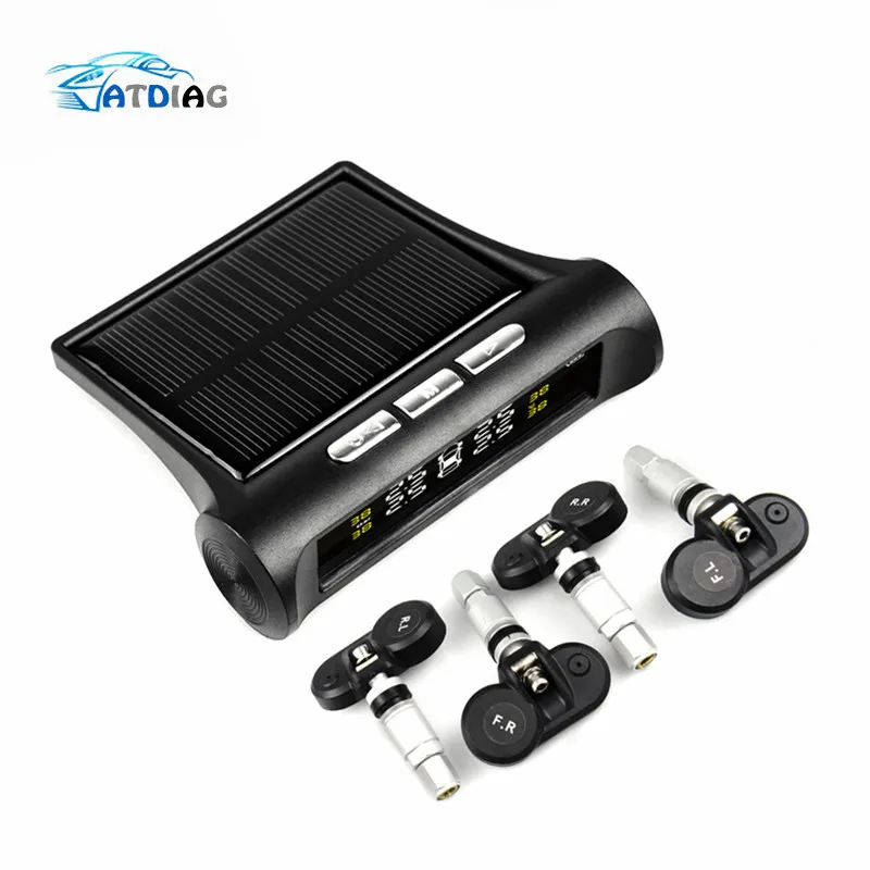 TPMS Car Tire Pressure Solar Power USB Monitoring System LCD Display 4 External Sensors Temperature Warning