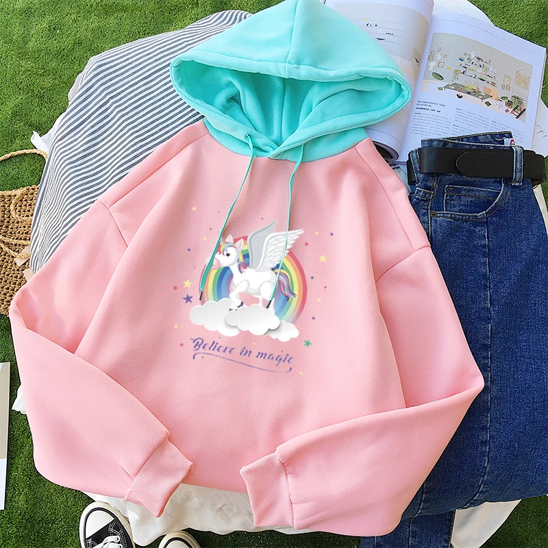 

Patchwork Kawaii Cartoon Unicorn Print Sweatshirt Women Autumn Winter Casual Hoodies Female Harajuku Long Sleeve Fleece Pullover