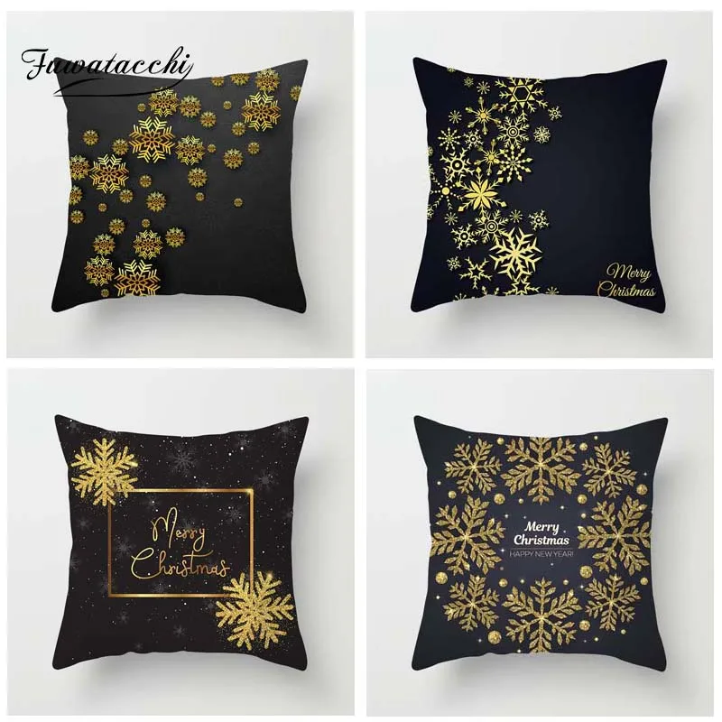 

Fuwatacchi Golden Black Printed Cushion Cover Christmas Tree Pillow Cover Star Snow Floral Decorative Pillowcase for Home Sofa
