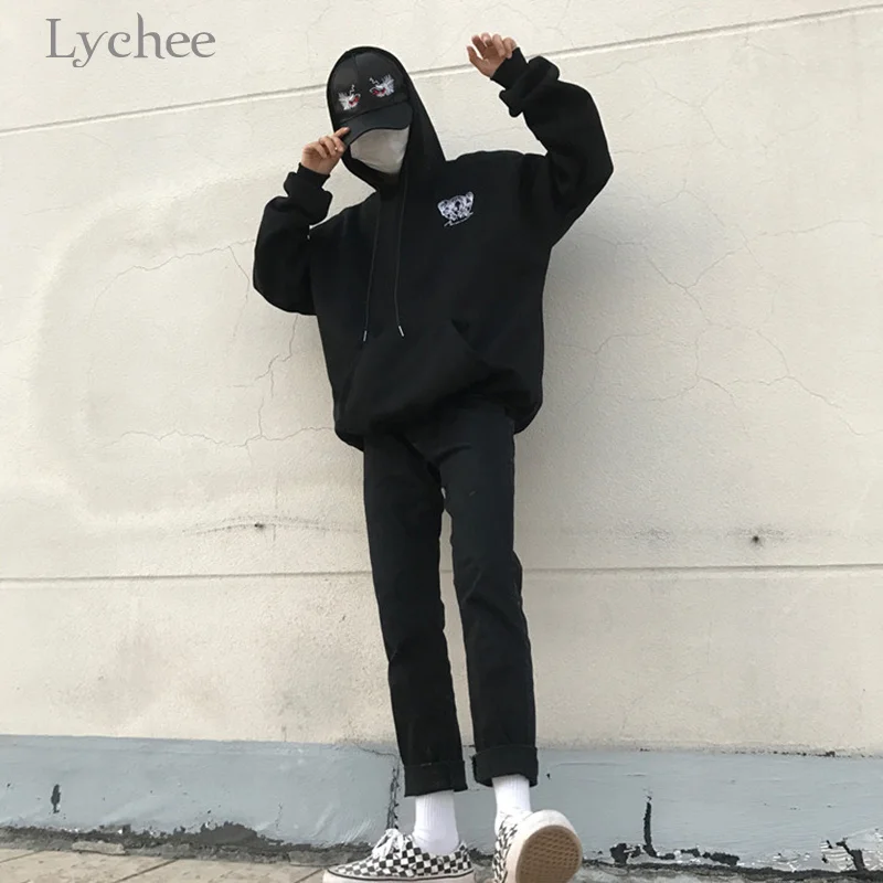 Black Lychee Harajuku панк осень зима для женщин толстовка с капюшоном голова вышивка длинным рукавом Повседневные Свободные флисовые толстовки спортивный костюм - Цвет: Black