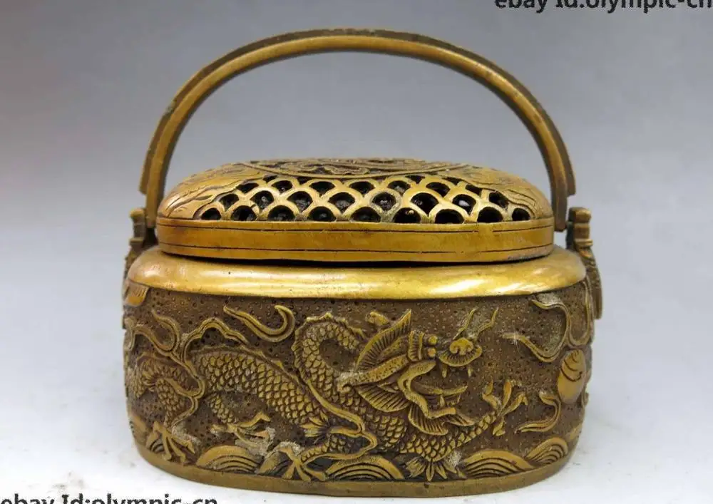 

China brass copper beautiful two dragon play bead censer incense burner Statue