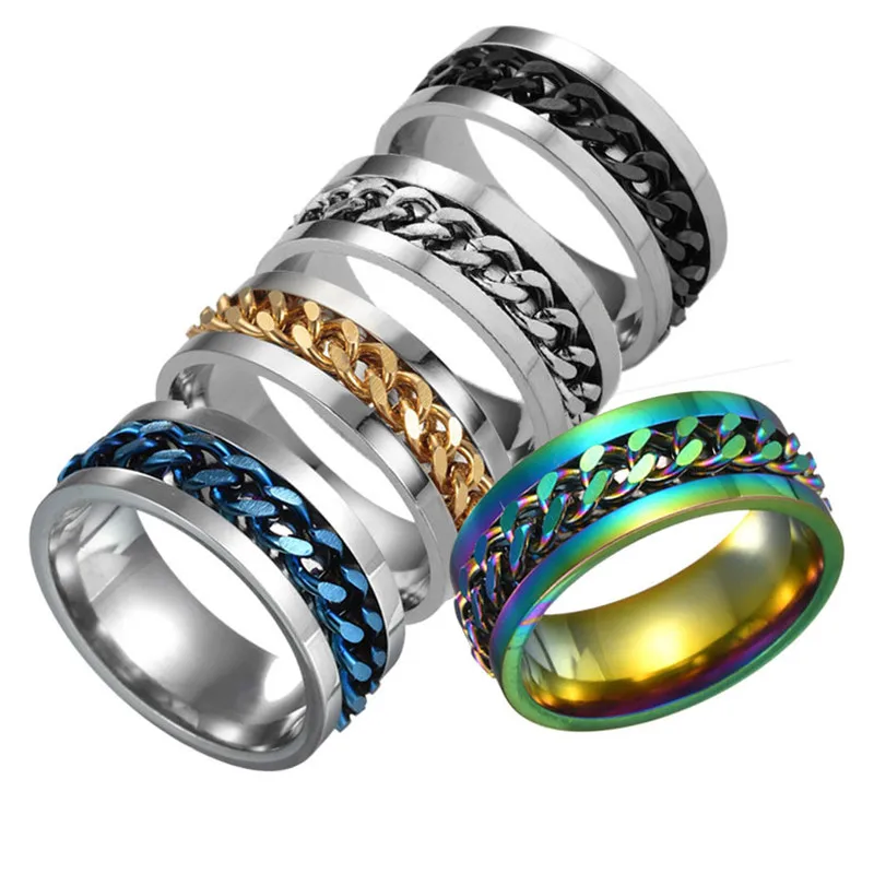 Stainless steel 316L ring men jewelry sliding chain 8mm cool rotating rotatable link punk male Anel League | Украшения и