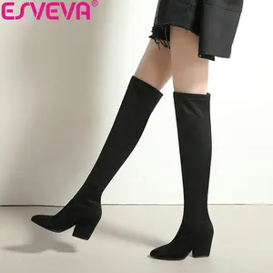 ESVEVA2020 г. Женские Ботинки демисезонные сапоги выше колена пикантная модная обувь на высоком каблуке из эластичной ткани с острым носком размер 34-43