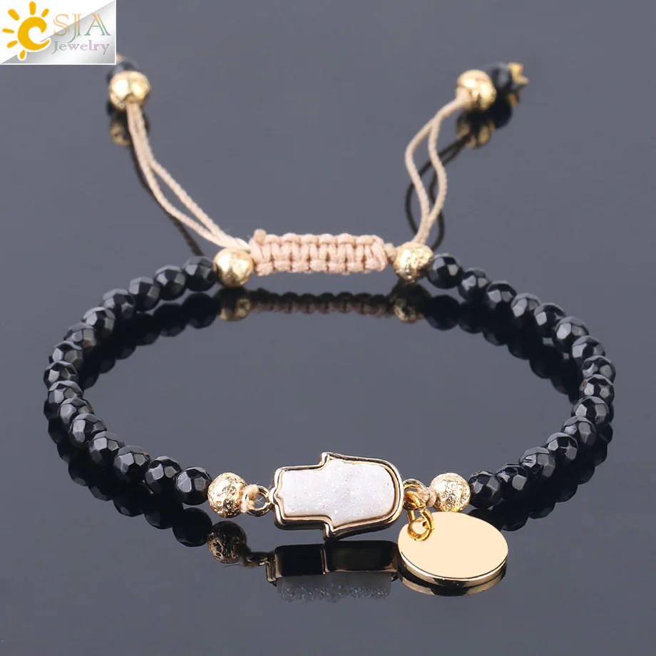 CSJA Chic Mini Bead Bracelet Natural Stone Black Tourmaline Geode Drusy Beaded Bracelets for Men Women Fashion Jewelry F749