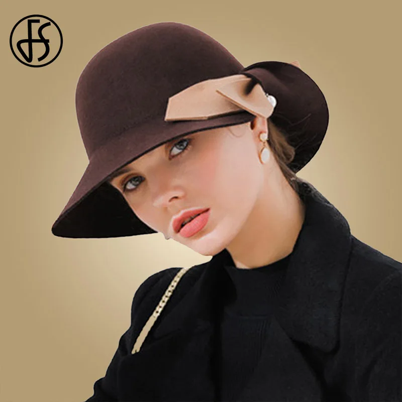 Brown Wool Fedora FS, черные, розовые, шерстяные фетровые женские фетровые шляпы с бантом, с жемчугом, с широкими полями, зимние шапки, винтажная шляпа-Клош, Женская кепка, церковный Дерби, круглая Кепка - Цвет: Brown Wool Fedora
