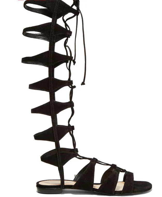 New Fashion Roman Style Black Boots Tassel Fringe Cut-outs Knee High Women Sandals Flats Lace Up Gladiator Shoes |