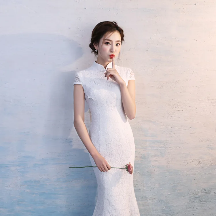 Кружево Cheongsam сексуальное Белое Qipao длинное традиционное китайское свадебное Vestidos Festas Casamento Восточный стиль платья халат Qi Pao