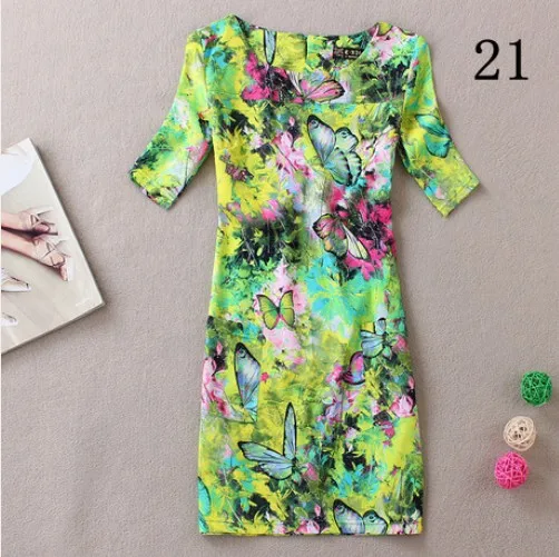 Yw3 Women Casual Dress Plus Size Bohemian Mini Butterfly Novelty FlowerGreen Blue Print Summer 2014 Vestidos | Женская одежда