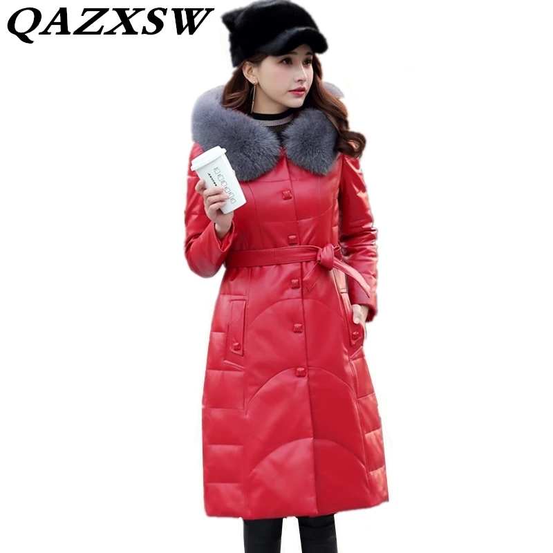 2018 New Women Winter Hooded Fur Collar Genuine Leather Down Jacket Fashion Warm Large Size Solid Long Coat LF273 | Женская одежда
