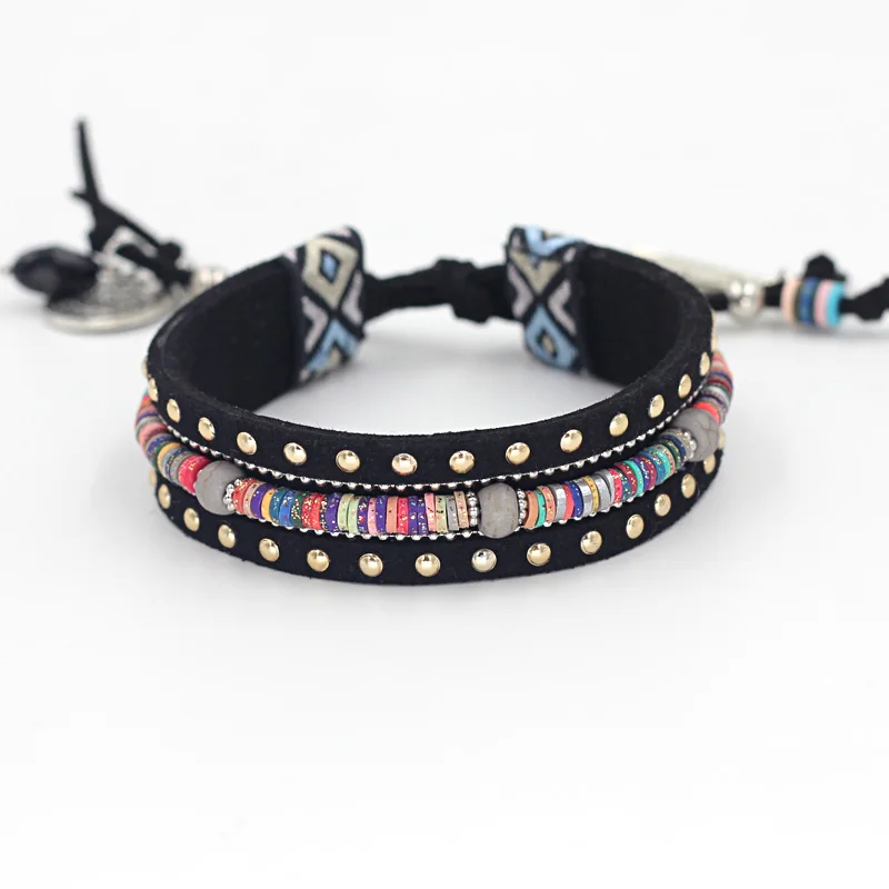 Женский кожаный браслет VONNOR черный/коричневый ручной работы с бусинами и лентами