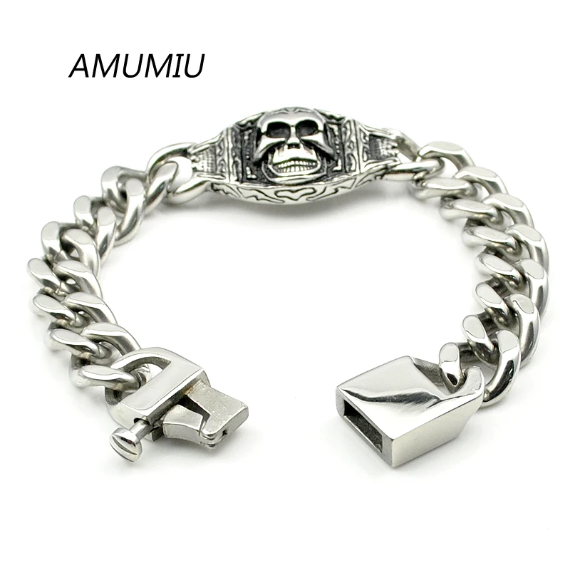 AMUMIU высшее качество Готический стиль череп браслет 316L нержавеющая сталь Горячая