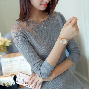 Женские пуловеры 2017, кашемировый сексуальный кружевной пуловер, свитеры, модные Лоскутные вязаные топы с оборками на воротнике