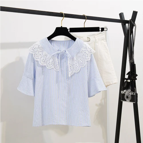 Мода 2019 летняя Женская Полосатая открытая футболка + шорты повседневный комплект