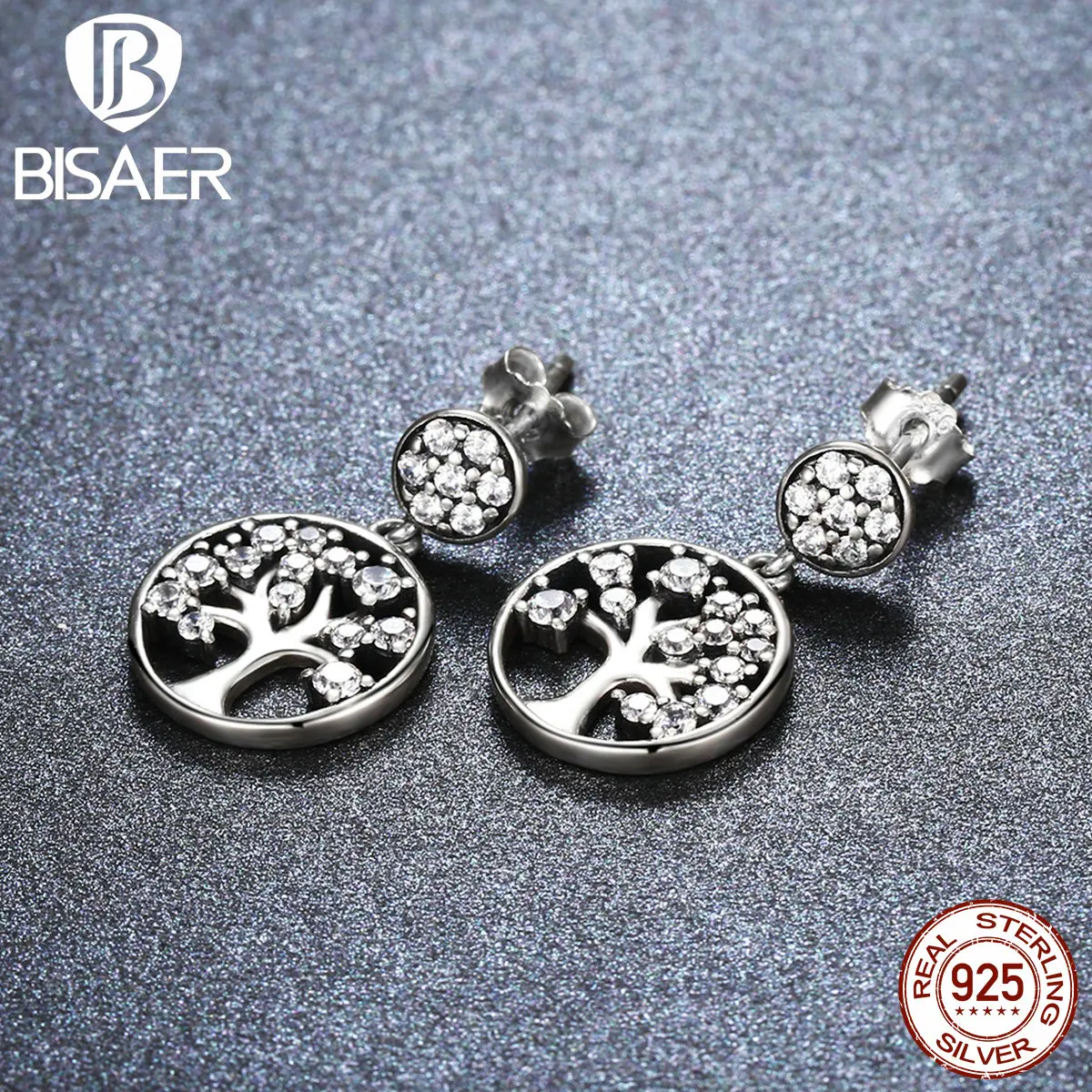 BISAER, настоящее 925 пробы, серебряные Семейные Древо жизни, чёткие CZ Висячие серьги для женщин, висячие серьги, ювелирные изделия, Brincos ECE067
