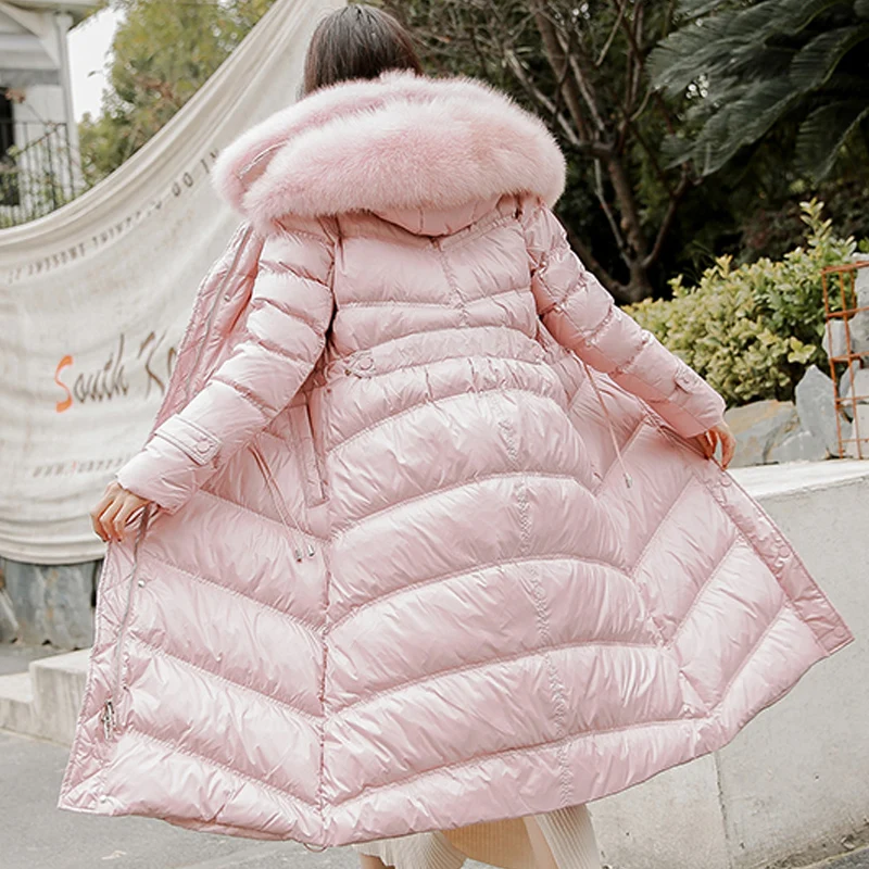 Зимняя куртка, Женская парка на утином пуху, Воротник из натурального Лисьего меха, Женская куртка, зимняя парка с капюшоном, теплая плотная Длинная женская куртка, водонепроницаемая