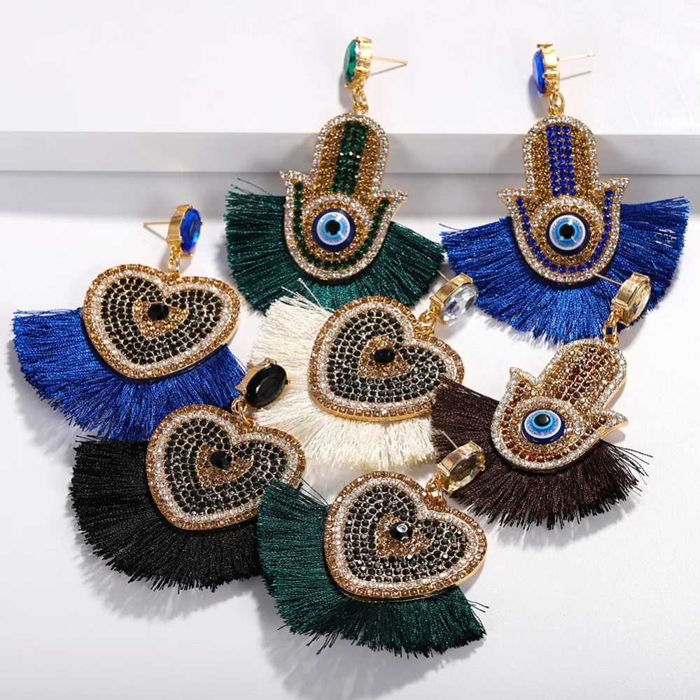 Женские богемные серьги подвески с кристаллами в виде глаз и бахромой уникальный